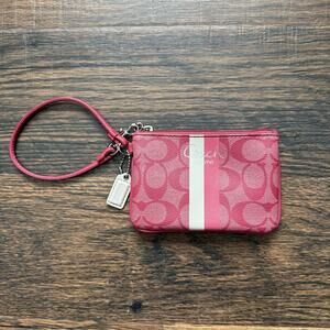 Coach Signature Stripe Wristlet Pouch Pink White Logo Canvas Leather Trim